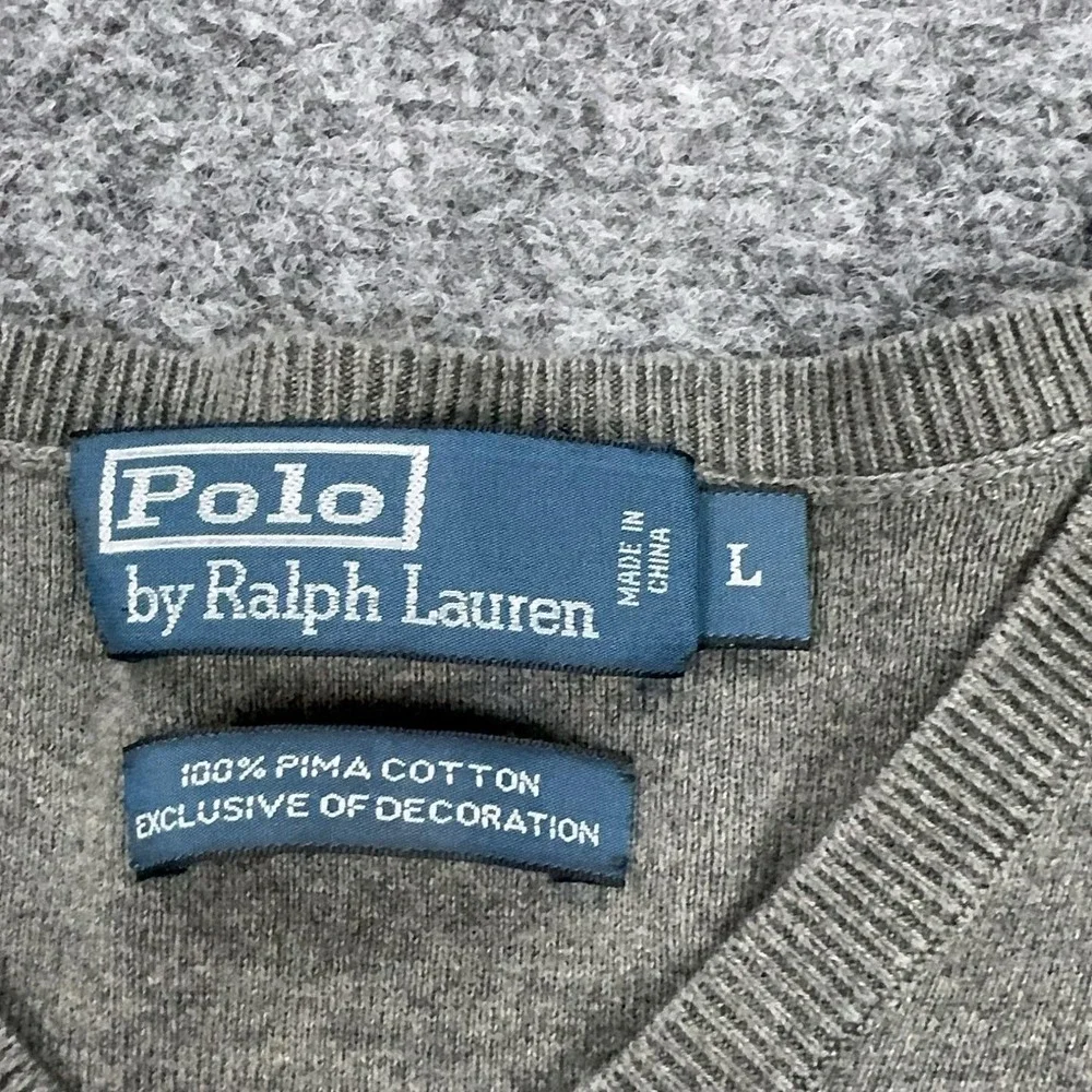 Polo By Ralph Lauren Sweater Mens Large Gray V Neck Pima Cotton Knit Pullover